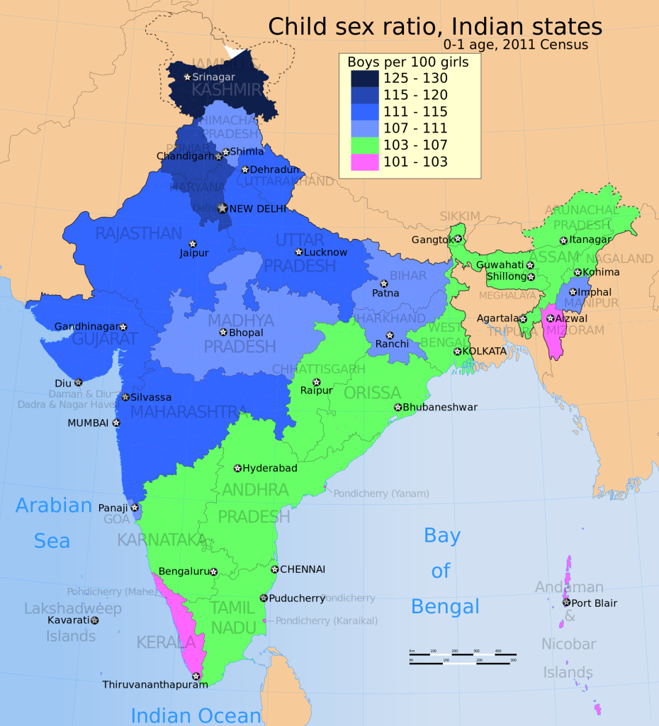 2011_Census_sex_ratio_map_for_the_states_and_Union_Territories_of_India_Boys_to_Girls_0_to_1_age_group.svg_