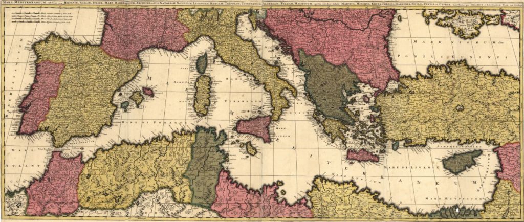 Старинная карта южной Европы, Средиземного моря, Северной Африки и Турцииконца 17 века — Портулан