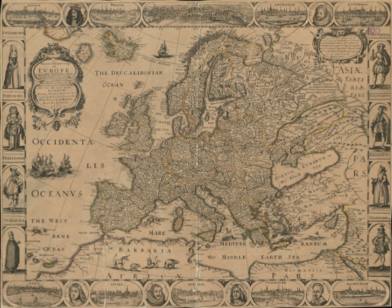 Английская карта Европы 1668 года с рисунками жителей и королей — Портулан