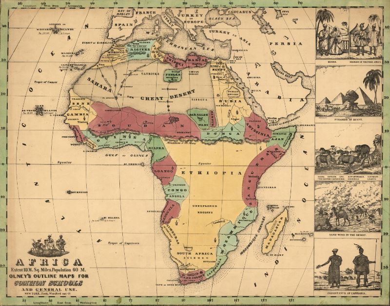 Красивая школьная учебная карта Африки середины 19 века — Портулан